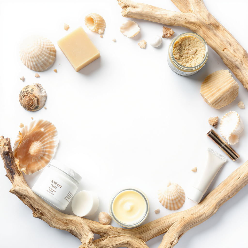 Collection of natural beauty care products including handmade soap bars, body scrub jars, body butter containers, and lip balm tubes arranged artistically with seashells and marine elements on a clean white background